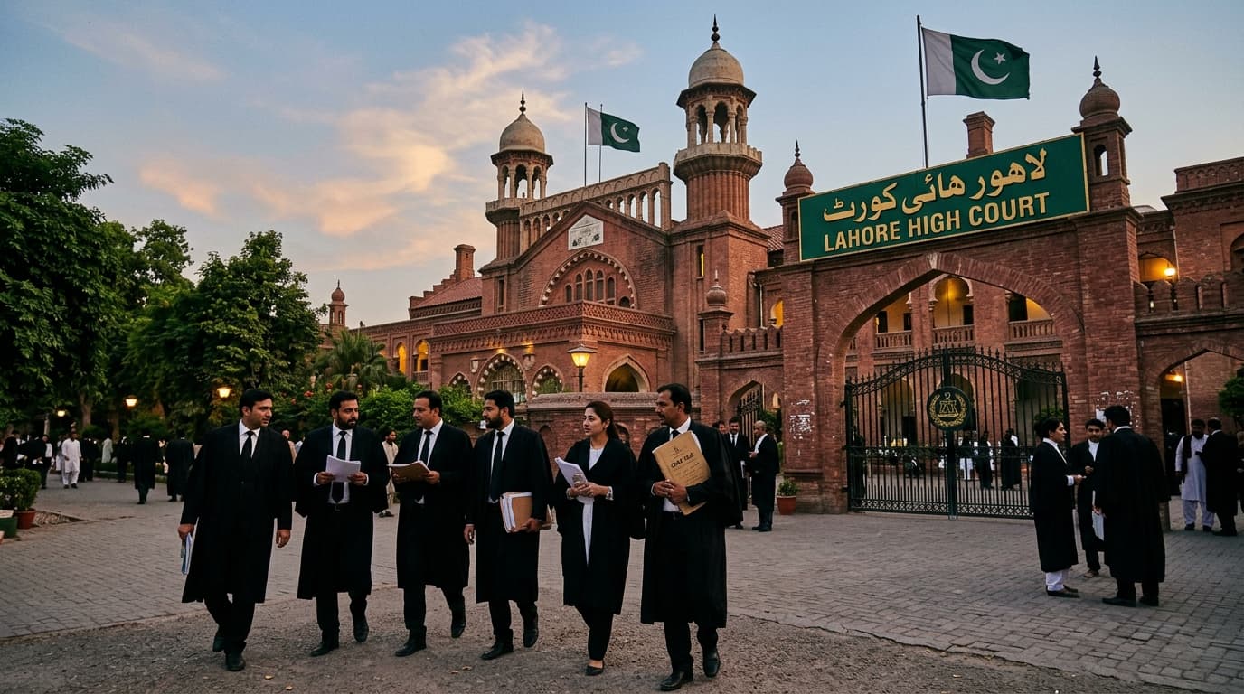 Lahore High Court building with Pakistani flags and advocates in legal attire